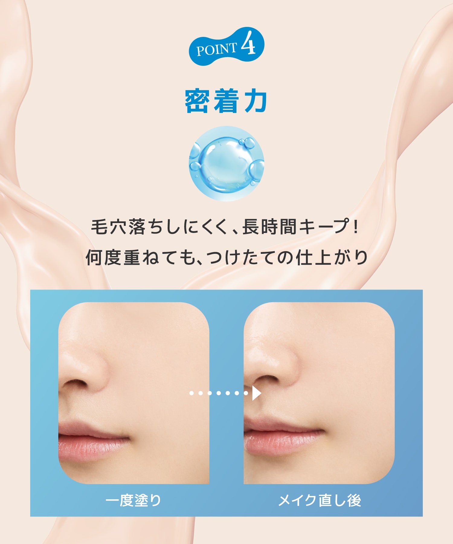 密着力　毛穴落ちしにくく、長時間キープ何度重ねてもつけたての仕上がり　一度塗り　メイク直し