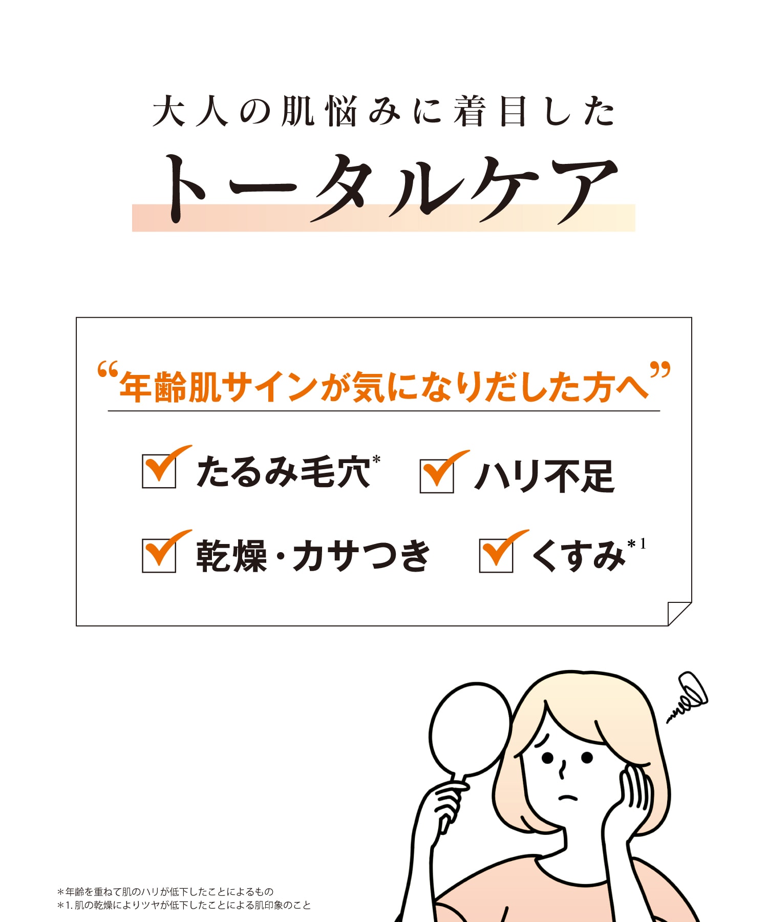 大人の肌悩みに着目したトータルケア　年齢肌サインが気になりだした方へ　たるみ毛穴　ハリ不足　乾燥・カサつき　くすみ