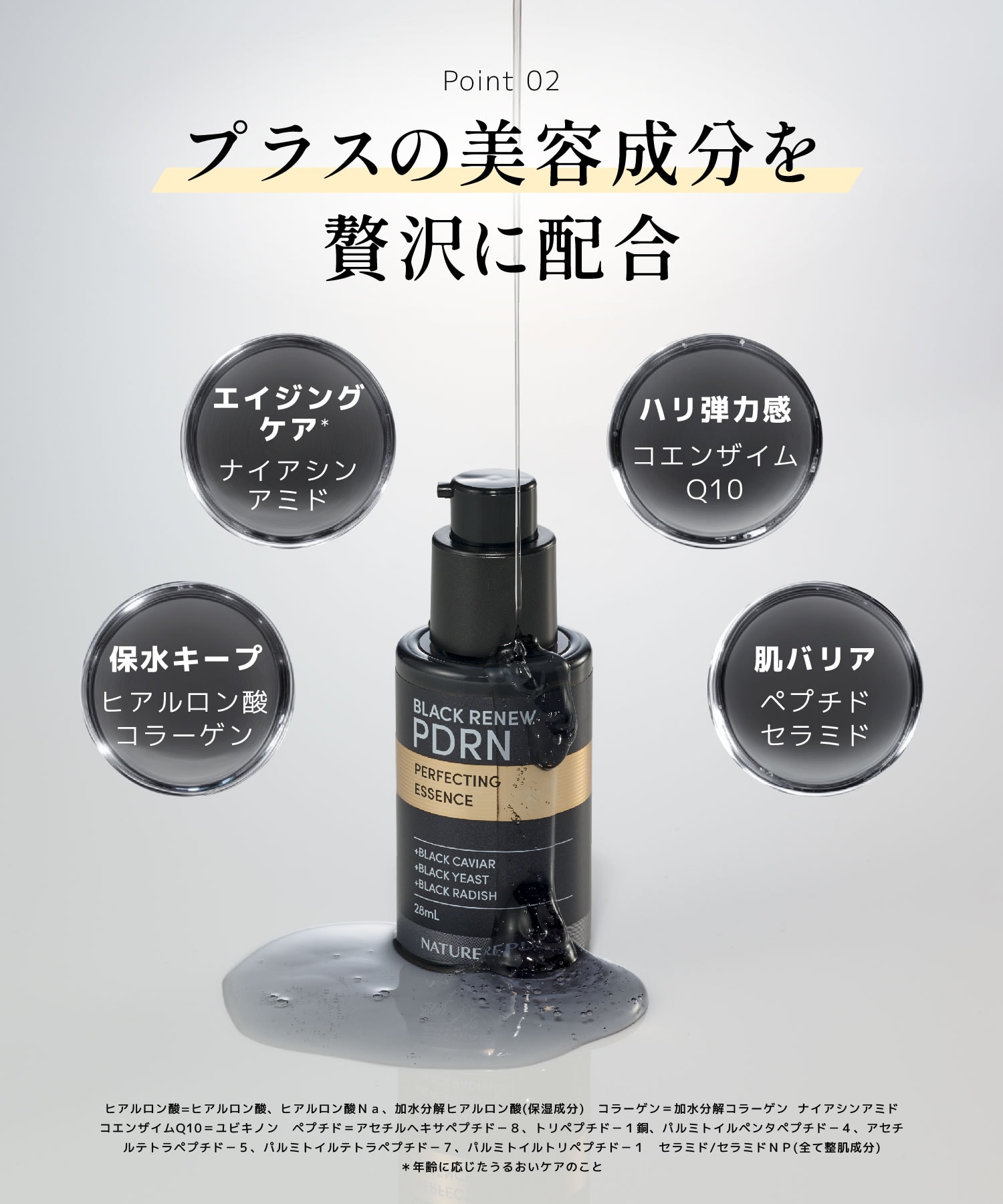 プラスの美容成分を贅沢に配合　エイジングケア　ナイアシンアミド　保水キープ　ヒアルロン酸　コラーゲン　ハリ弾力感　コエンザイムQ10　肌バリア　ペプチド　セラミド